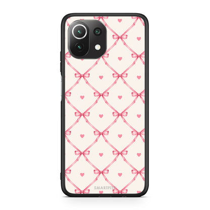Θήκη Xiaomi 11 Lite 5G NE / Mi 11 Lite Pink Bow Lattice and Hearts on Cream από τη Smartfits με σχέδιο στο πίσω μέρος και μαύρο περίβλημα | Xiaomi 11 Lite 5G NE / Mi 11 Lite Pink Bow Lattice and Hearts on Cream case with colorful back and black bezels