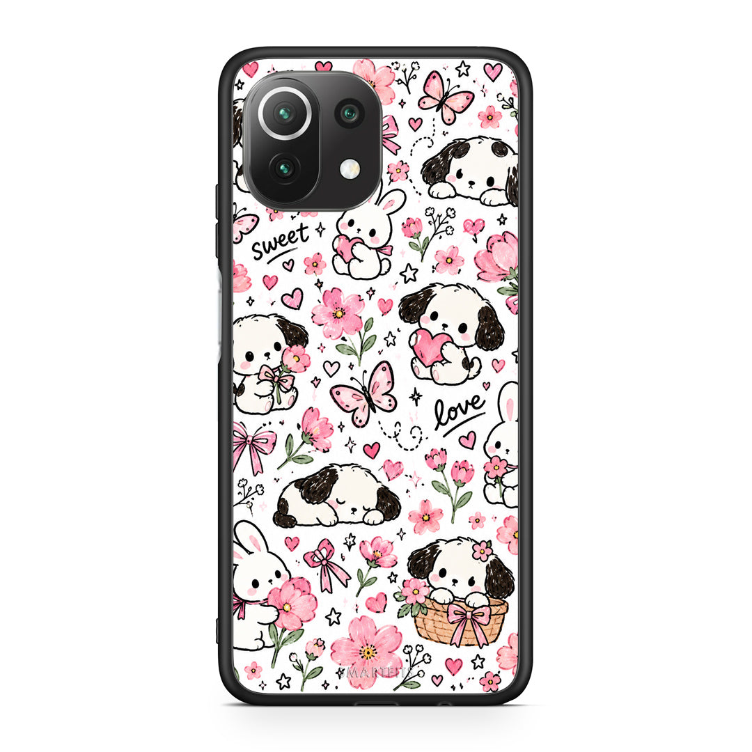 Θήκη Xiaomi 11 Lite 5G NE / Mi 11 Lite Pink Florals Puppies and Bunnies on White από τη Smartfits με σχέδιο στο πίσω μέρος και μαύρο περίβλημα | Xiaomi 11 Lite 5G NE / Mi 11 Lite Pink Florals Puppies and Bunnies on White case with colorful back and black bezels