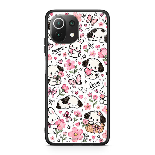 Θήκη Xiaomi 11 Lite 5G NE / Mi 11 Lite Pink Florals Puppies and Bunnies on White από τη Smartfits με σχέδιο στο πίσω μέρος και μαύρο περίβλημα | Xiaomi 11 Lite 5G NE / Mi 11 Lite Pink Florals Puppies and Bunnies on White case with colorful back and black bezels