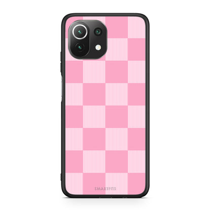 Θήκη Xiaomi 11 Lite 5G NE / Mi 11 Lite Pink and White Striped Checks από τη Smartfits με σχέδιο στο πίσω μέρος και μαύρο περίβλημα | Xiaomi 11 Lite 5G NE / Mi 11 Lite Pink and White Striped Checks case with colorful back and black bezels