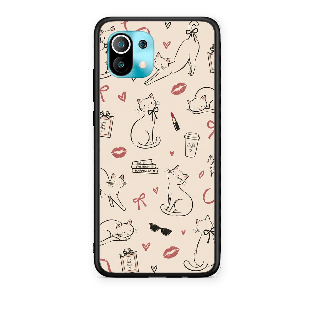 Θήκη Xiaomi Mi 11 / 11 Pro Minimal Cat and Fashion Doodles on Cream από τη Smartfits με σχέδιο στο πίσω μέρος και μαύρο περίβλημα | Xiaomi Mi 11 / 11 Pro Minimal Cat and Fashion Doodles on Cream case with colorful back and black bezels