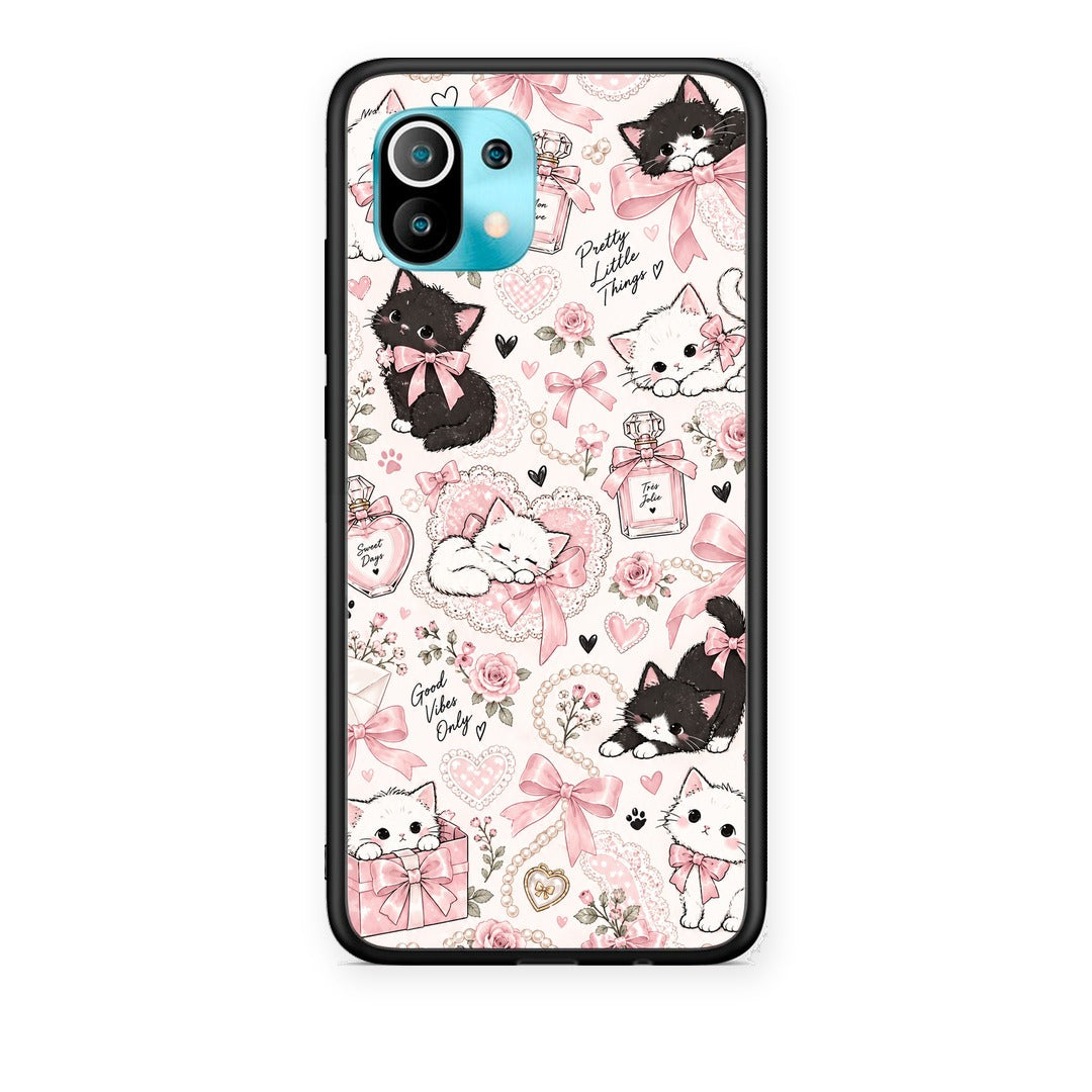 Θήκη Xiaomi Mi 11 / 11 Pro Pink Bows and Kittens Collage από τη Smartfits με σχέδιο στο πίσω μέρος και μαύρο περίβλημα | Xiaomi Mi 11 / 11 Pro Pink Bows and Kittens Collage case with colorful back and black bezels