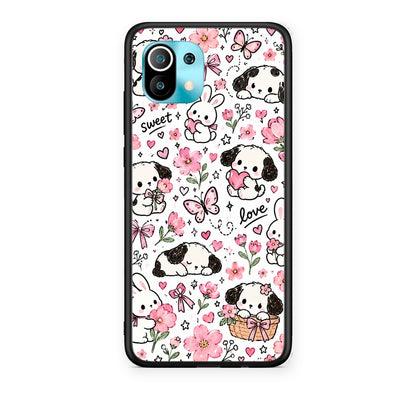 Θήκη Xiaomi Mi 11 / 11 Pro Pink Florals Puppies and Bunnies on White από τη Smartfits με σχέδιο στο πίσω μέρος και μαύρο περίβλημα | Xiaomi Mi 11 / 11 Pro Pink Florals Puppies and Bunnies on White case with colorful back and black bezels