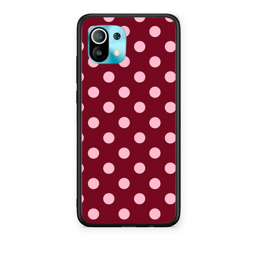 Θήκη Xiaomi Mi 11 / 11 Pro Pink Polka Dots on Burgundy από τη Smartfits με σχέδιο στο πίσω μέρος και μαύρο περίβλημα | Xiaomi Mi 11 / 11 Pro Pink Polka Dots on Burgundy case with colorful back and black bezels