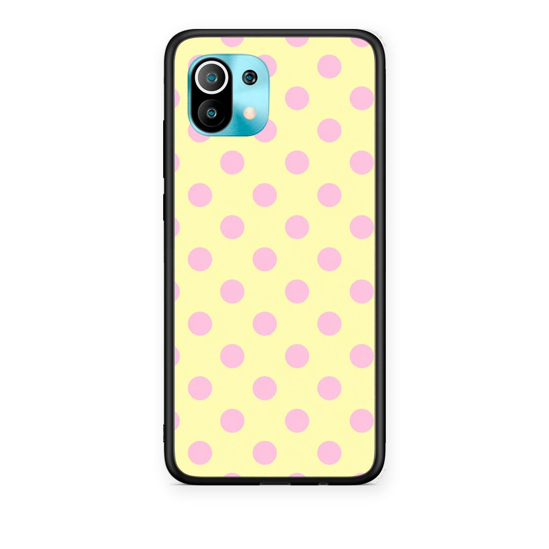 Θήκη Xiaomi Mi 11 / 11 Pro Pink Polka Dots on Yellow από τη Smartfits με σχέδιο στο πίσω μέρος και μαύρο περίβλημα | Xiaomi Mi 11 / 11 Pro Pink Polka Dots on Yellow case with colorful back and black bezels