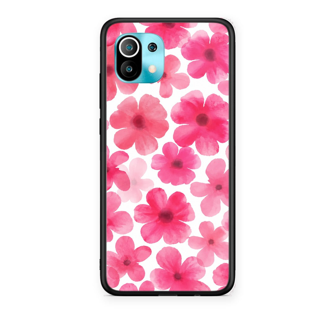 Θήκη Xiaomi Mi 11 / 11 Pro Pink Watercolour Flowers on White από τη Smartfits με σχέδιο στο πίσω μέρος και μαύρο περίβλημα | Xiaomi Mi 11 / 11 Pro Pink Watercolour Flowers on White case with colorful back and black bezels