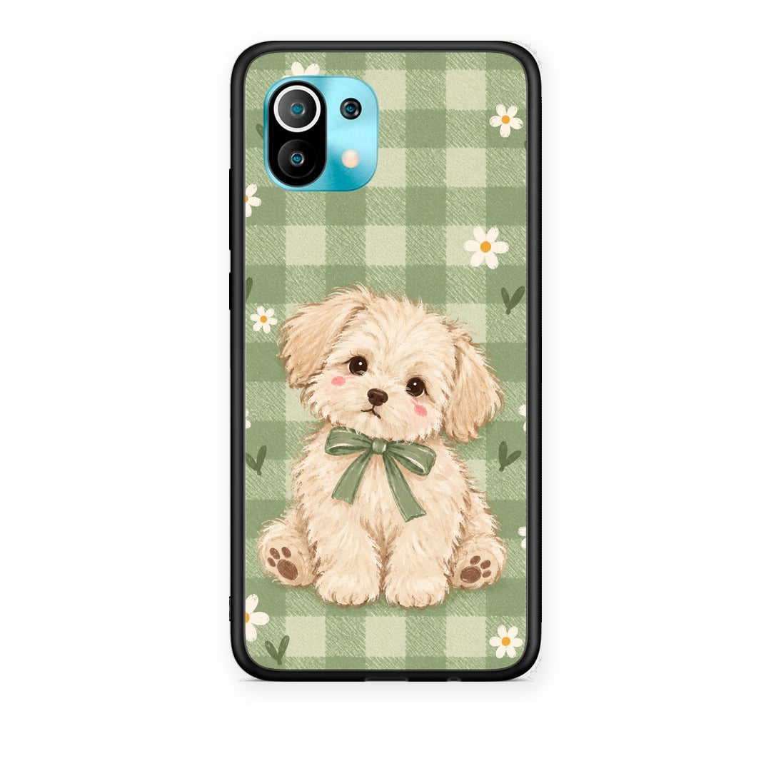 Θήκη Xiaomi Mi 11 / 11 Pro Puppy and Daisies on Sage Gingham από τη Smartfits με σχέδιο στο πίσω μέρος και μαύρο περίβλημα | Xiaomi Mi 11 / 11 Pro Puppy and Daisies on Sage Gingham case with colorful back and black bezels
