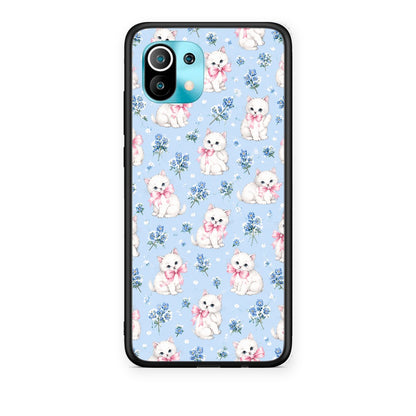 Θήκη Xiaomi Mi 11 / 11 Pro White Kittens and Blue Flowers Small από τη Smartfits με σχέδιο στο πίσω μέρος και μαύρο περίβλημα | Xiaomi Mi 11 / 11 Pro White Kittens and Blue Flowers Small case with colorful back and black bezels