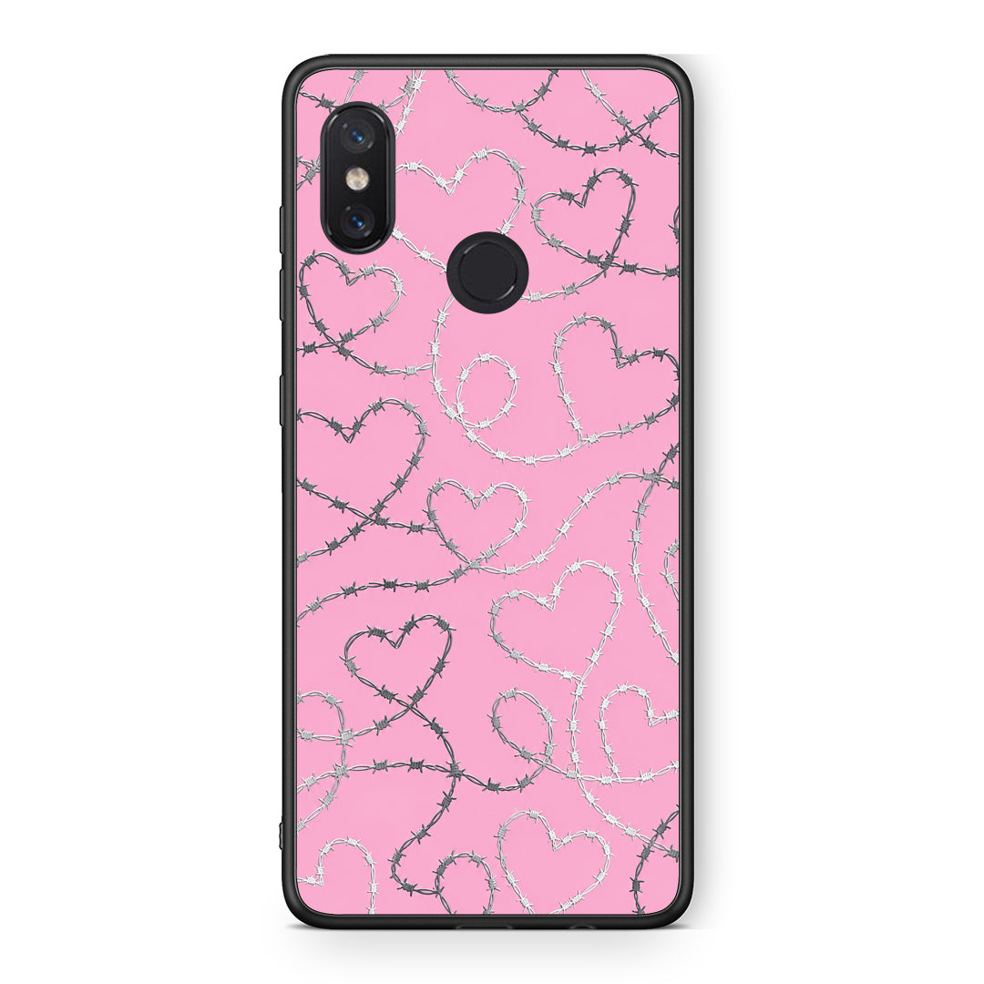 Θήκη Xiaomi Mi 8 Barbed Wire Hearts on Pink από τη Smartfits με σχέδιο στο πίσω μέρος και μαύρο περίβλημα | Xiaomi Mi 8 Barbed Wire Hearts on Pink case with colorful back and black bezels