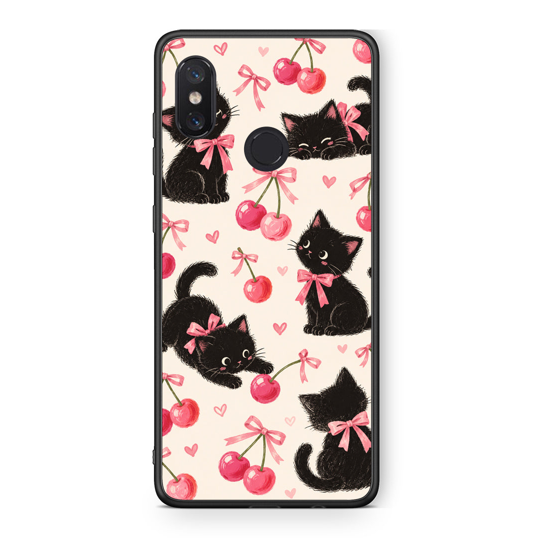 Θήκη Xiaomi Mi 8 Black Kittens and Cherries on Cream από τη Smartfits με σχέδιο στο πίσω μέρος και μαύρο περίβλημα | Xiaomi Mi 8 Black Kittens and Cherries on Cream case with colorful back and black bezels
