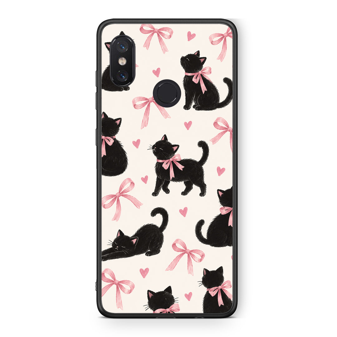 Θήκη Xiaomi Mi 8 Black Kittens and Pink Bows on Cream Large από τη Smartfits με σχέδιο στο πίσω μέρος και μαύρο περίβλημα | Xiaomi Mi 8 Black Kittens and Pink Bows on Cream Large case with colorful back and black bezels