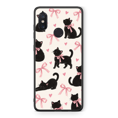 Θήκη Xiaomi Mi 8 Black Kittens and Pink Bows on Cream Large από τη Smartfits με σχέδιο στο πίσω μέρος και μαύρο περίβλημα | Xiaomi Mi 8 Black Kittens and Pink Bows on Cream Large case with colorful back and black bezels