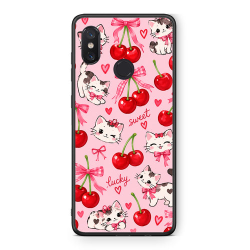 Θήκη Xiaomi Mi 8 Cherries Bows and Kittens on Pink από τη Smartfits με σχέδιο στο πίσω μέρος και μαύρο περίβλημα | Xiaomi Mi 8 Cherries Bows and Kittens on Pink case with colorful back and black bezels