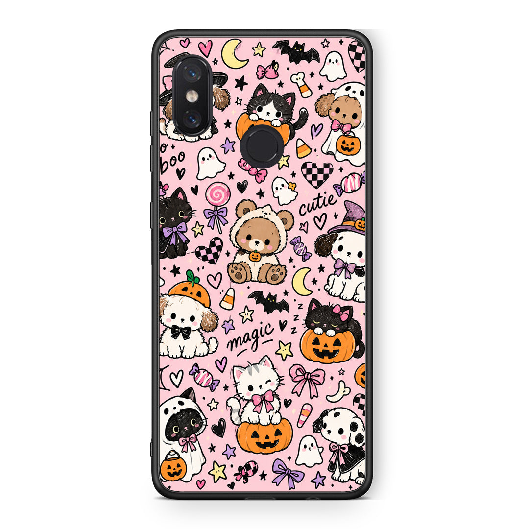 Θήκη Xiaomi Mi 8 Halloween Cute Animals on Pink από τη Smartfits με σχέδιο στο πίσω μέρος και μαύρο περίβλημα | Xiaomi Mi 8 Halloween Cute Animals on Pink case with colorful back and black bezels