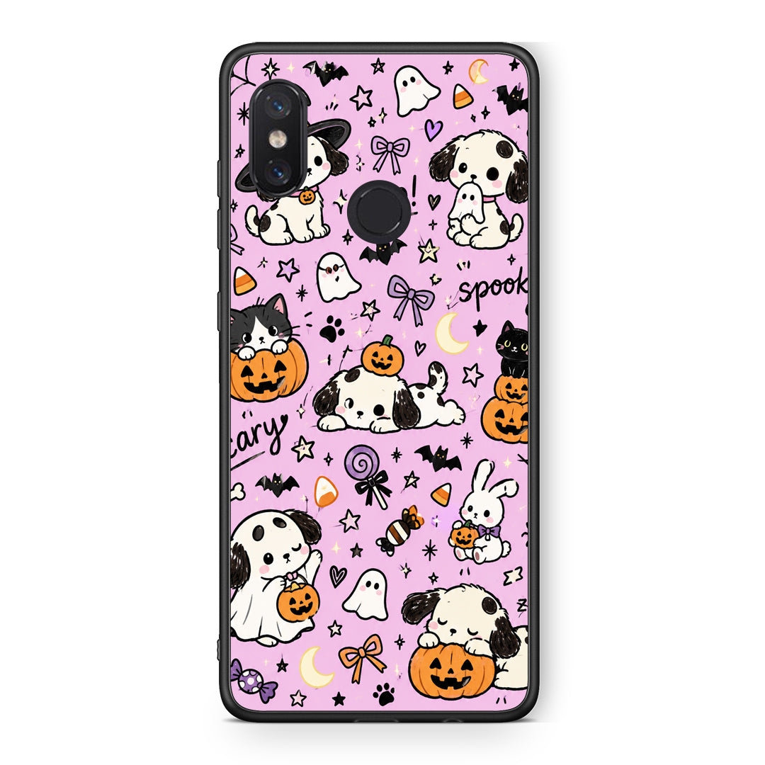 Θήκη Xiaomi Mi 8 Halloween Puppies and Friends on Lilac από τη Smartfits με σχέδιο στο πίσω μέρος και μαύρο περίβλημα | Xiaomi Mi 8 Halloween Puppies and Friends on Lilac case with colorful back and black bezels