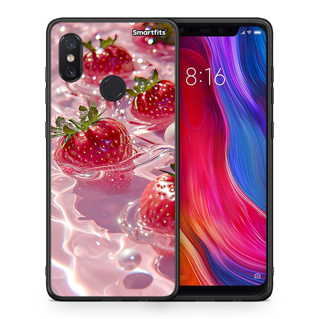 Θήκη Xiaomi Mi 8 Juicy Strawberries από τη Smartfits με σχέδιο στο πίσω μέρος και μαύρο περίβλημα | Xiaomi Mi 8 Juicy Strawberries case with colorful back and black bezels