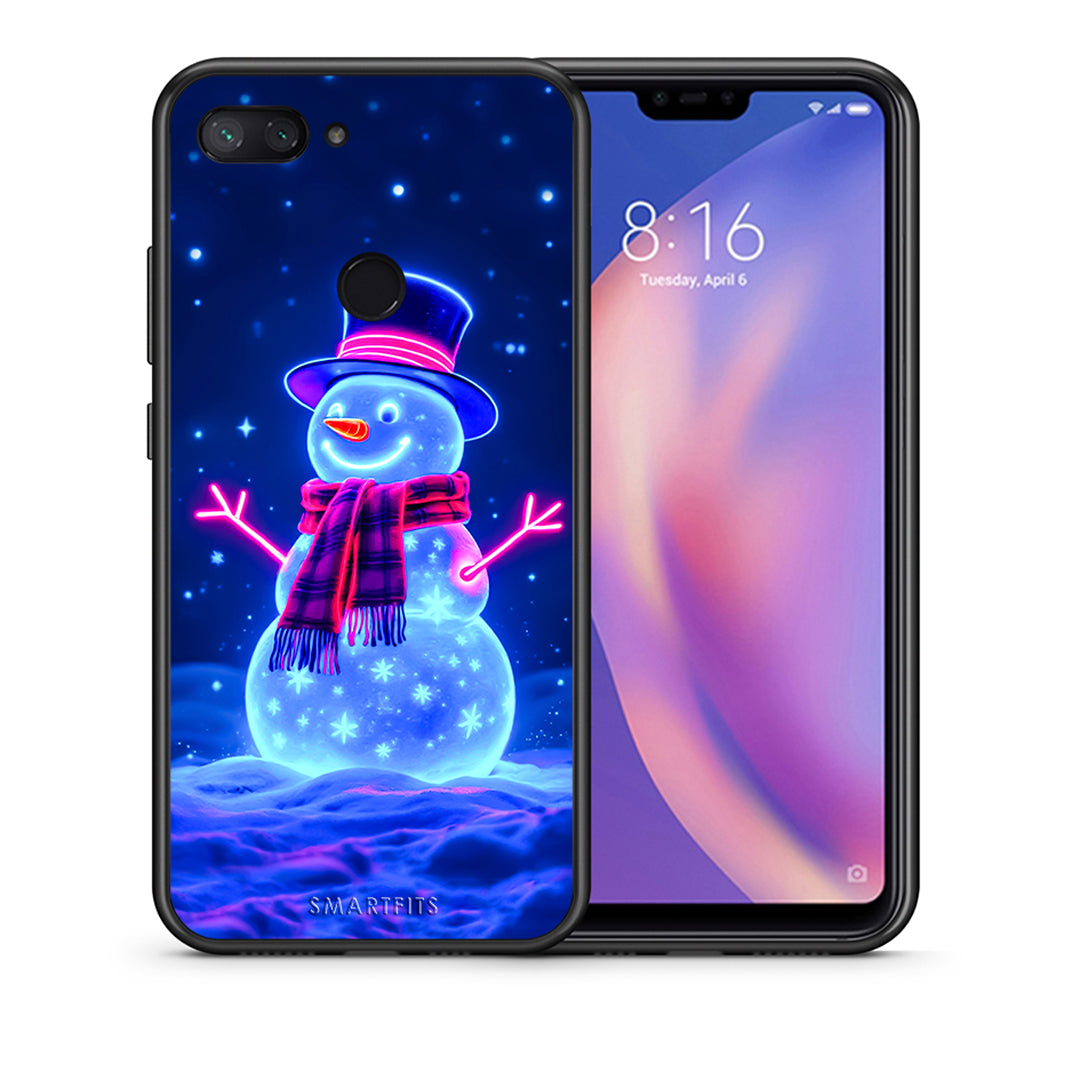 Θήκη Xiaomi Mi 8 Lite Christmas Neon Snowman από τη Smartfits με σχέδιο στο πίσω μέρος και μαύρο περίβλημα | Xiaomi Mi 8 Lite Christmas Neon Snowman case with colorful back and black bezels