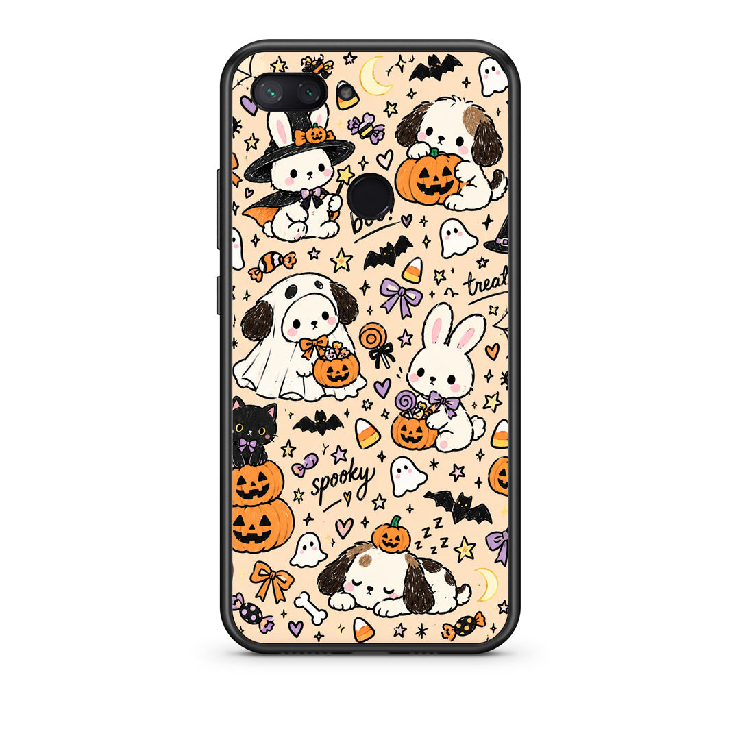Θήκη Xiaomi Mi 8 Lite Halloween Puppies and Friends on Cream από τη Smartfits με σχέδιο στο πίσω μέρος και μαύρο περίβλημα | Xiaomi Mi 8 Lite Halloween Puppies and Friends on Cream case with colorful back and black bezels