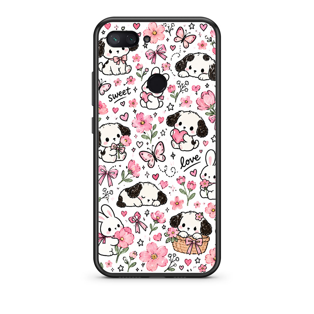 Θήκη Xiaomi Mi 8 Lite Pink Florals Puppies and Bunnies on White από τη Smartfits με σχέδιο στο πίσω μέρος και μαύρο περίβλημα | Xiaomi Mi 8 Lite Pink Florals Puppies and Bunnies on White case with colorful back and black bezels