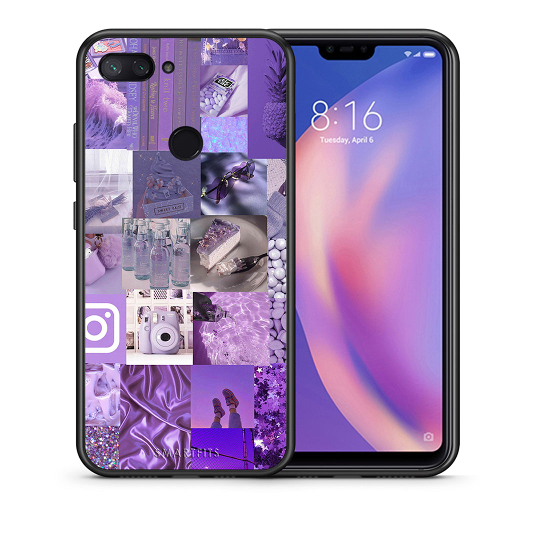 Θήκη Xiaomi Mi 8 Lite Purple Aesthetic Collage από τη Smartfits με σχέδιο στο πίσω μέρος και μαύρο περίβλημα | Xiaomi Mi 8 Lite Purple Aesthetic Collage case with colorful back and black bezels