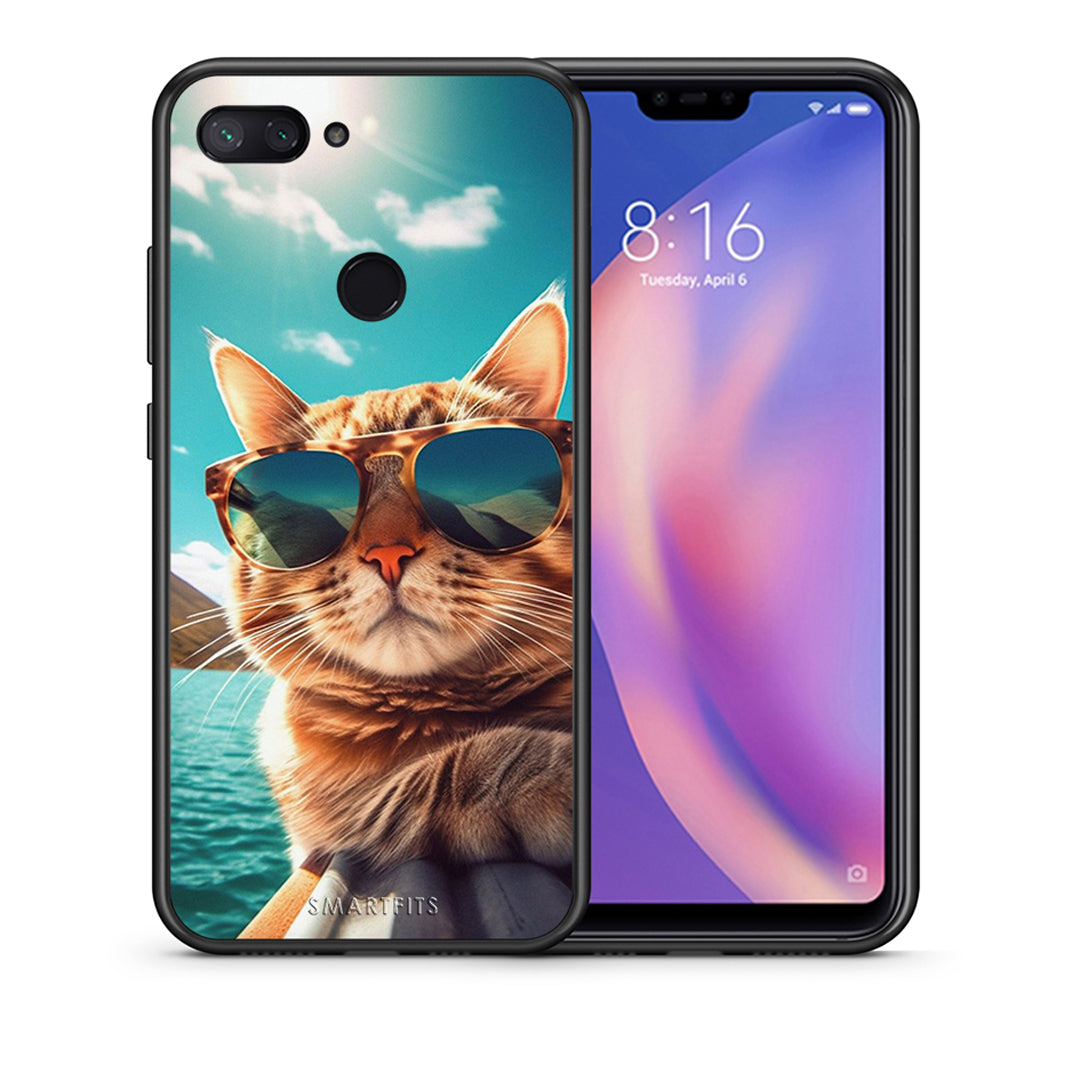 Θήκη Xiaomi Mi 8 Lite Summer Cat από τη Smartfits με σχέδιο στο πίσω μέρος και μαύρο περίβλημα | Xiaomi Mi 8 Lite Summer Cat case with colorful back and black bezels