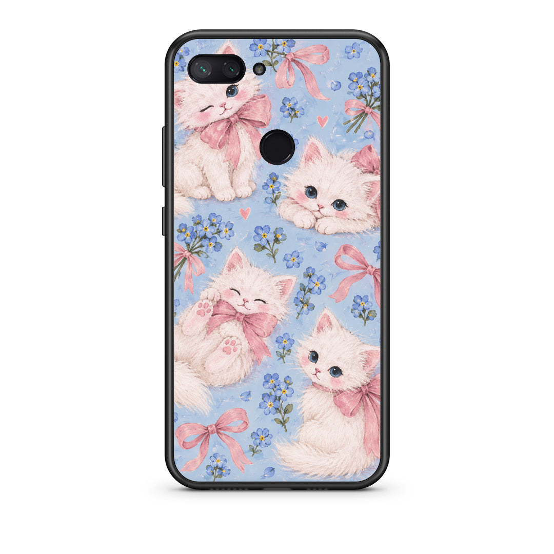 Θήκη Xiaomi Mi 8 Lite White Kittens and Blue Flowers Large από τη Smartfits με σχέδιο στο πίσω μέρος και μαύρο περίβλημα | Xiaomi Mi 8 Lite White Kittens and Blue Flowers Large case with colorful back and black bezels
