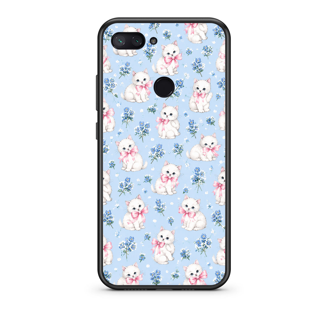 Θήκη Xiaomi Mi 8 Lite White Kittens and Blue Flowers Small από τη Smartfits με σχέδιο στο πίσω μέρος και μαύρο περίβλημα | Xiaomi Mi 8 Lite White Kittens and Blue Flowers Small case with colorful back and black bezels