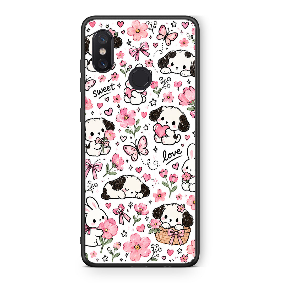 Θήκη Xiaomi Mi 8 Pink Florals Puppies and Bunnies on White από τη Smartfits με σχέδιο στο πίσω μέρος και μαύρο περίβλημα | Xiaomi Mi 8 Pink Florals Puppies and Bunnies on White case with colorful back and black bezels