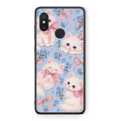 Θήκη Xiaomi Mi 8 White Kittens and Blue Flowers Large από τη Smartfits με σχέδιο στο πίσω μέρος και μαύρο περίβλημα | Xiaomi Mi 8 White Kittens and Blue Flowers Large case with colorful back and black bezels