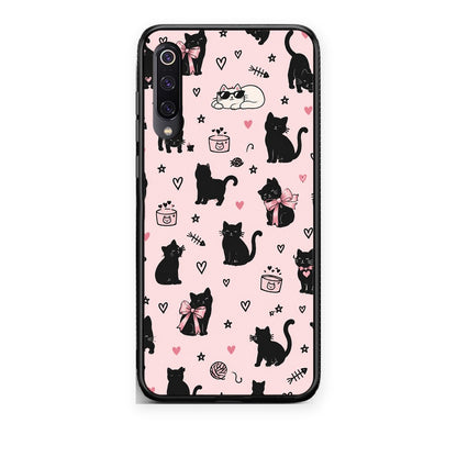 Θήκη Xiaomi Mi 9 Black Cat Doodles on Pink από τη Smartfits με σχέδιο στο πίσω μέρος και μαύρο περίβλημα | Xiaomi Mi 9 Black Cat Doodles on Pink case with colorful back and black bezels