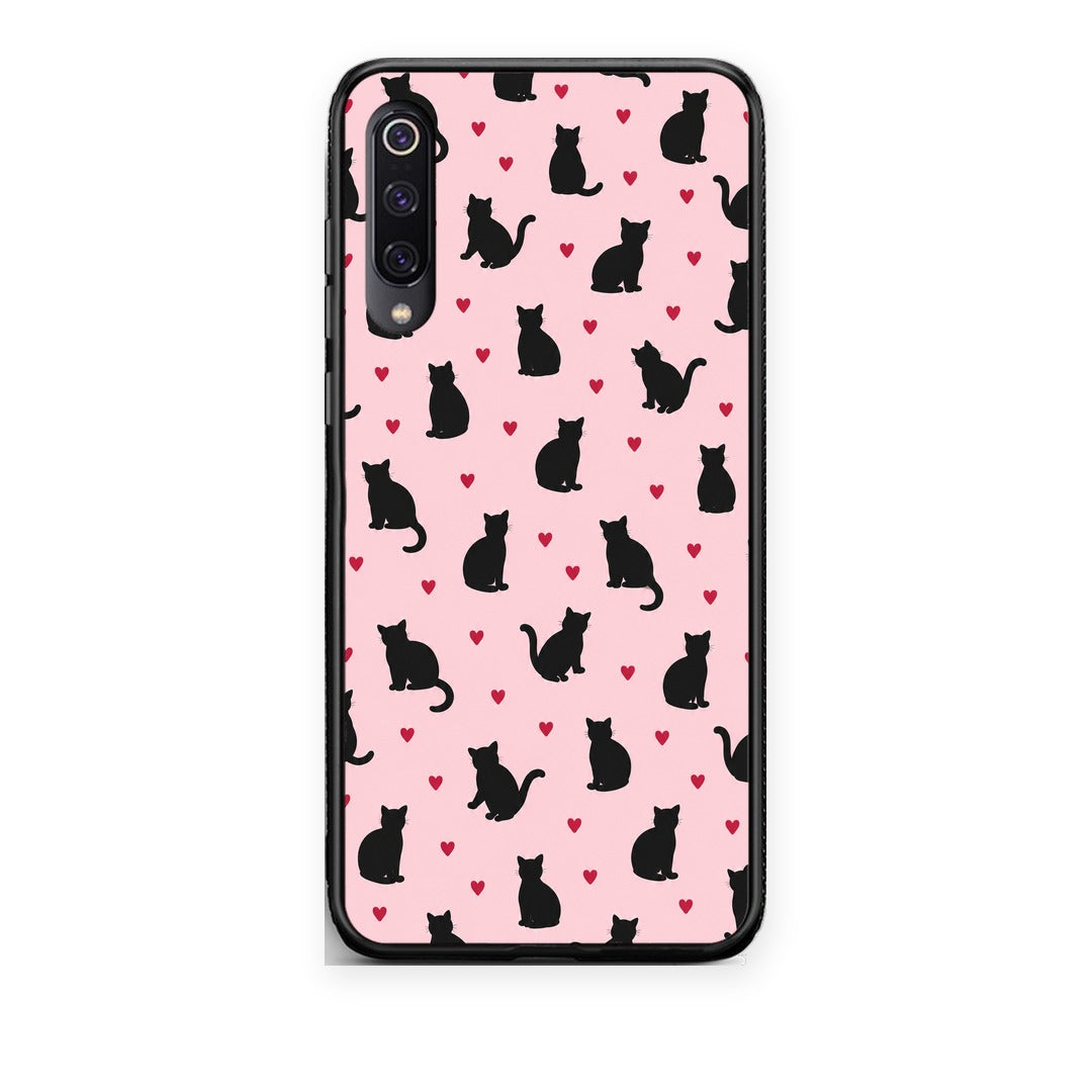 Θήκη Xiaomi Mi 9 Black Cat Silhouettes and Hearts on Pink από τη Smartfits με σχέδιο στο πίσω μέρος και μαύρο περίβλημα | Xiaomi Mi 9 Black Cat Silhouettes and Hearts on Pink case with colorful back and black bezels