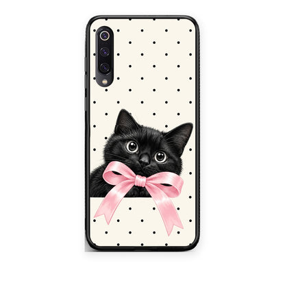 Θήκη Xiaomi Mi 9 Black Kitten Pink Bow and Polka Dots από τη Smartfits με σχέδιο στο πίσω μέρος και μαύρο περίβλημα | Xiaomi Mi 9 Black Kitten Pink Bow and Polka Dots case with colorful back and black bezels