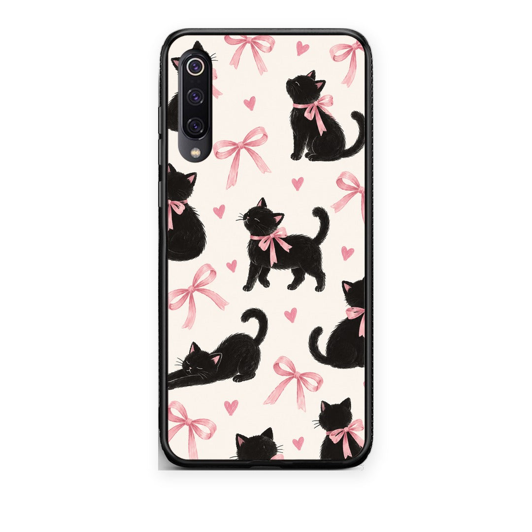 Θήκη Xiaomi Mi 9 Black Kittens and Pink Bows on Cream Large από τη Smartfits με σχέδιο στο πίσω μέρος και μαύρο περίβλημα | Xiaomi Mi 9 Black Kittens and Pink Bows on Cream Large case with colorful back and black bezels
