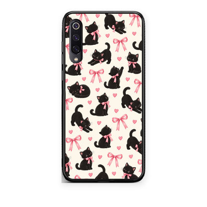 Θήκη Xiaomi Mi 9 Black Kittens and Pink Bows on Cream Small από τη Smartfits με σχέδιο στο πίσω μέρος και μαύρο περίβλημα | Xiaomi Mi 9 Black Kittens and Pink Bows on Cream Small case with colorful back and black bezels