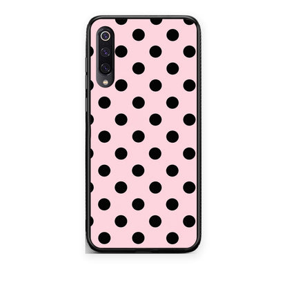 Θήκη Xiaomi Mi 9 Black Polka Dots on Pink από τη Smartfits με σχέδιο στο πίσω μέρος και μαύρο περίβλημα | Xiaomi Mi 9 Black Polka Dots on Pink case with colorful back and black bezels
