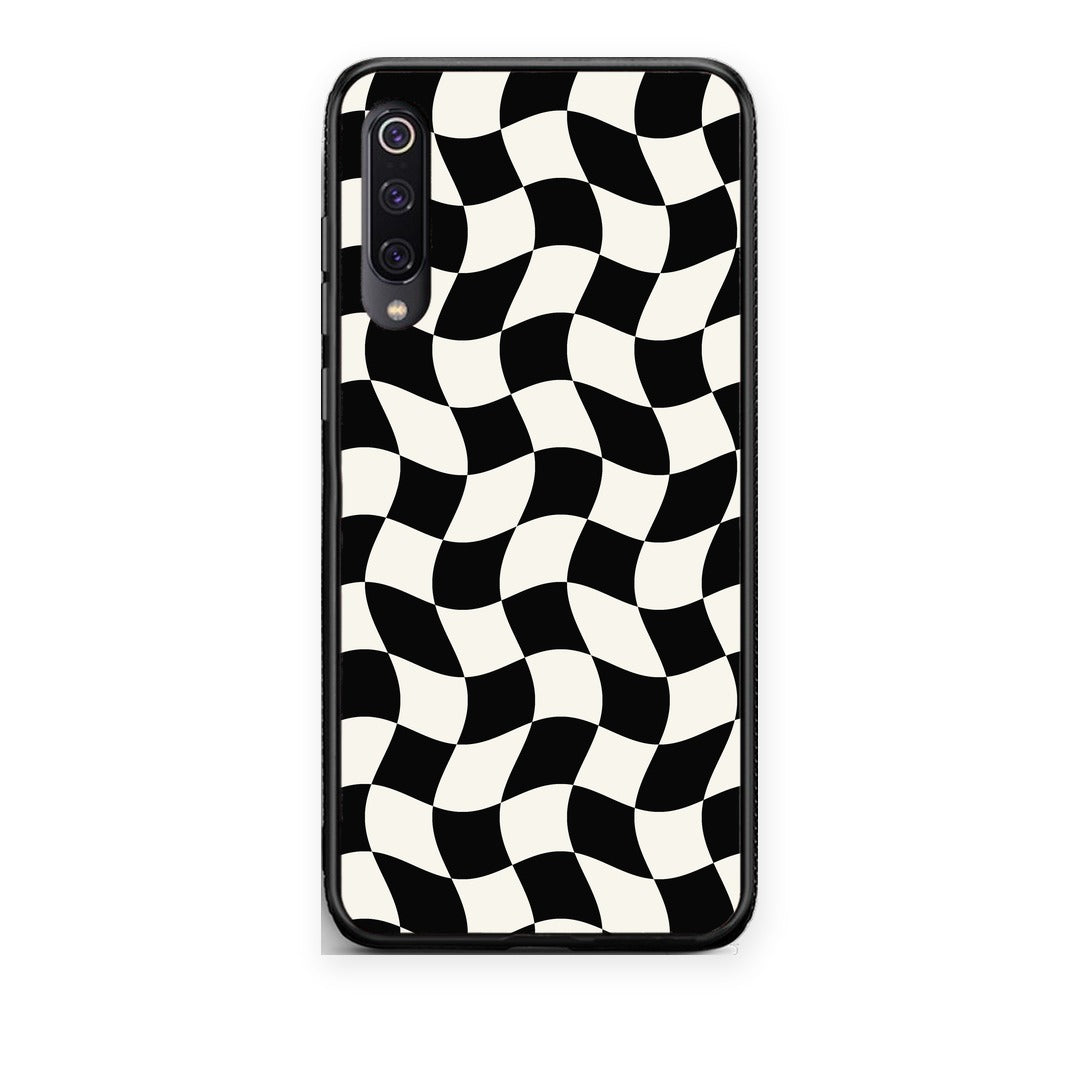 Θήκη Xiaomi Mi 9 Black and Cream Wavy Checkerboard από τη Smartfits με σχέδιο στο πίσω μέρος και μαύρο περίβλημα | Xiaomi Mi 9 Black and Cream Wavy Checkerboard case with colorful back and black bezels