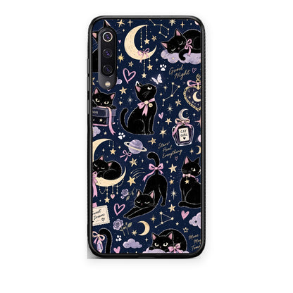 Θήκη Xiaomi Mi 9 Celestial Black Cats on Navy από τη Smartfits με σχέδιο στο πίσω μέρος και μαύρο περίβλημα | Xiaomi Mi 9 Celestial Black Cats on Navy case with colorful back and black bezels
