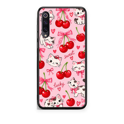 Θήκη Xiaomi Mi 9 Cherries Bows and Kittens on Pink από τη Smartfits με σχέδιο στο πίσω μέρος και μαύρο περίβλημα | Xiaomi Mi 9 Cherries Bows and Kittens on Pink case with colorful back and black bezels