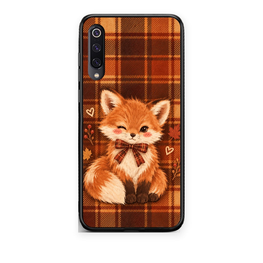 Θήκη Xiaomi Mi 9 Fox on Autumn Tartan από τη Smartfits με σχέδιο στο πίσω μέρος και μαύρο περίβλημα | Xiaomi Mi 9 Fox on Autumn Tartan case with colorful back and black bezels