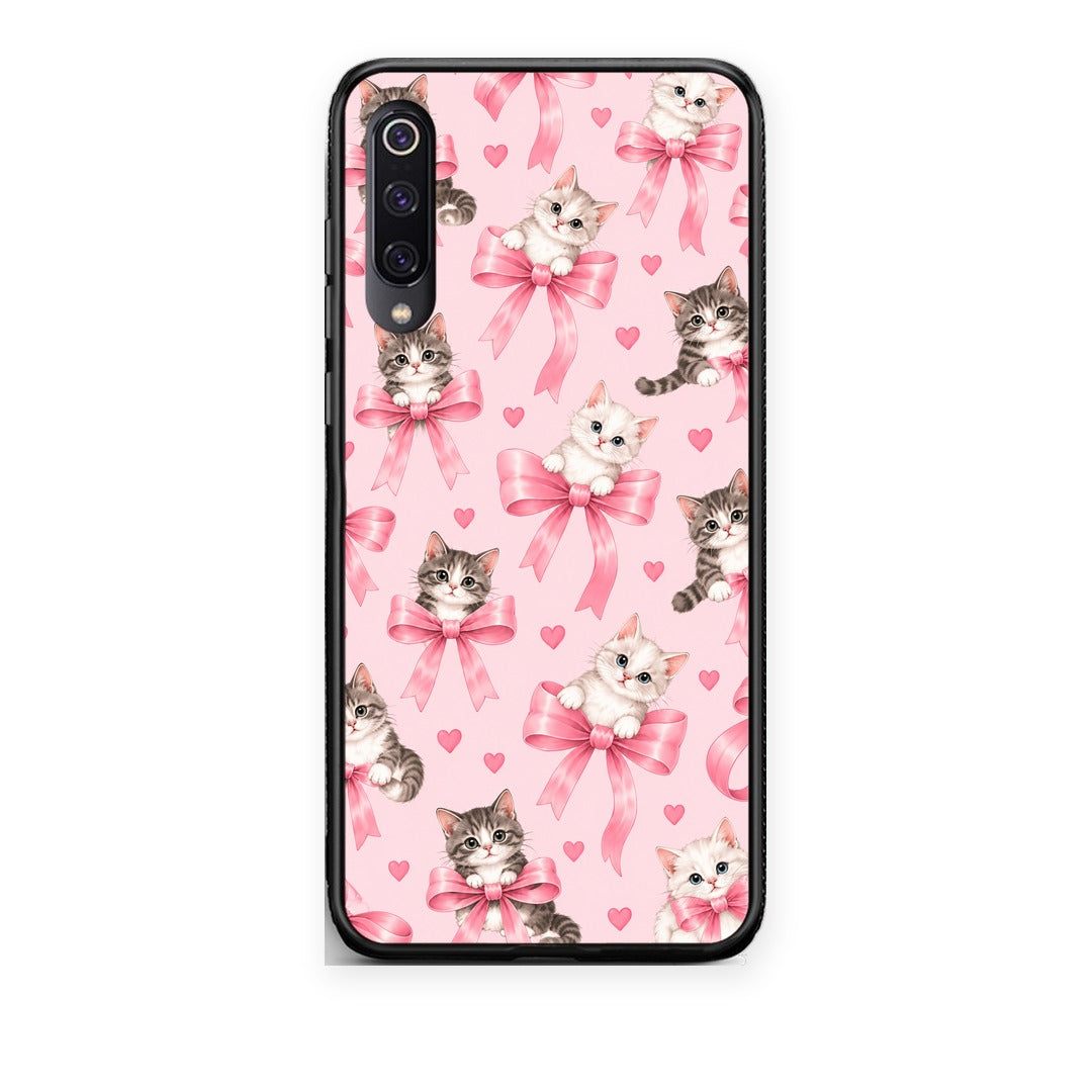 Θήκη Xiaomi Mi 9 Kittens and Pink Bows on Pink από τη Smartfits με σχέδιο στο πίσω μέρος και μαύρο περίβλημα | Xiaomi Mi 9 Kittens and Pink Bows on Pink case with colorful back and black bezels