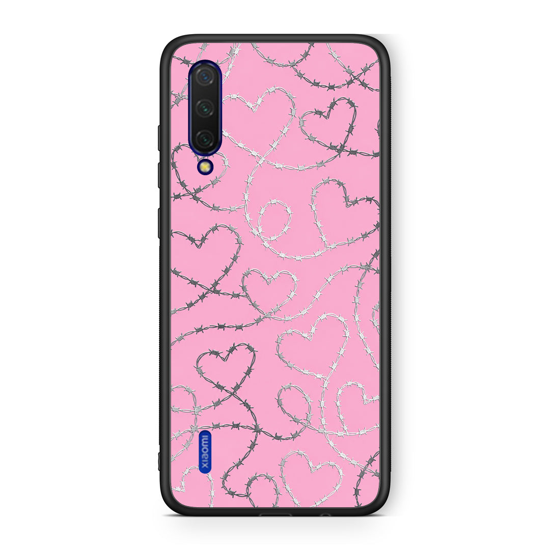 Θήκη Xiaomi Mi 9 Lite Barbed Wire Hearts on Pink από τη Smartfits με σχέδιο στο πίσω μέρος και μαύρο περίβλημα | Xiaomi Mi 9 Lite Barbed Wire Hearts on Pink case with colorful back and black bezels
