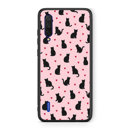 Θήκη Xiaomi Mi 9 Lite Black Cat Silhouettes and Hearts on Pink από τη Smartfits με σχέδιο στο πίσω μέρος και μαύρο περίβλημα | Xiaomi Mi 9 Lite Black Cat Silhouettes and Hearts on Pink case with colorful back and black bezels