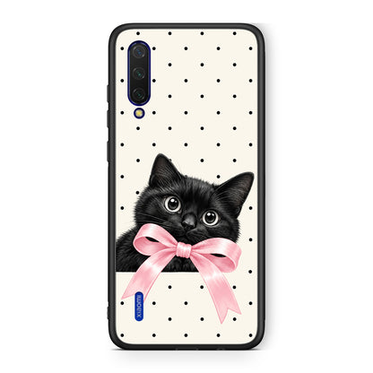 Θήκη Xiaomi Mi 9 Lite Black Kitten Pink Bow and Polka Dots από τη Smartfits με σχέδιο στο πίσω μέρος και μαύρο περίβλημα | Xiaomi Mi 9 Lite Black Kitten Pink Bow and Polka Dots case with colorful back and black bezels