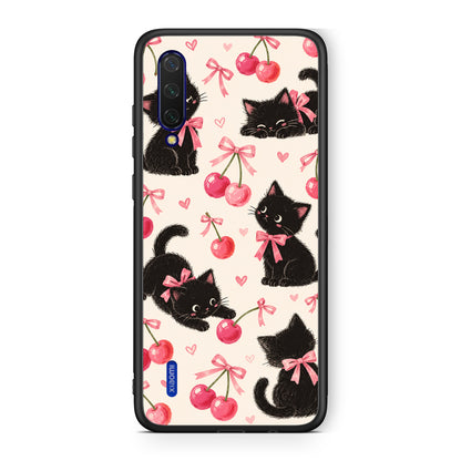 Θήκη Xiaomi Mi 9 Lite Black Kittens and Cherries on Cream από τη Smartfits με σχέδιο στο πίσω μέρος και μαύρο περίβλημα | Xiaomi Mi 9 Lite Black Kittens and Cherries on Cream case with colorful back and black bezels