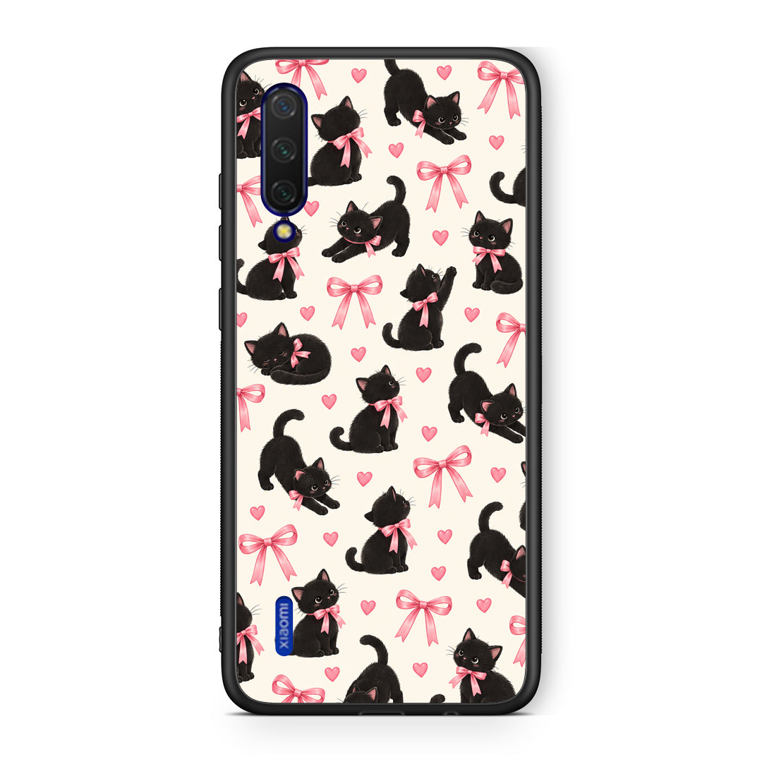 Θήκη Xiaomi Mi 9 Lite Black Kittens and Pink Bows on Cream Small από τη Smartfits με σχέδιο στο πίσω μέρος και μαύρο περίβλημα | Xiaomi Mi 9 Lite Black Kittens and Pink Bows on Cream Small case with colorful back and black bezels