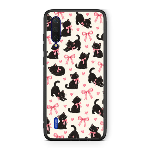 Θήκη Xiaomi Mi 9 Lite Black Kittens and Pink Bows on Cream Small από τη Smartfits με σχέδιο στο πίσω μέρος και μαύρο περίβλημα | Xiaomi Mi 9 Lite Black Kittens and Pink Bows on Cream Small case with colorful back and black bezels