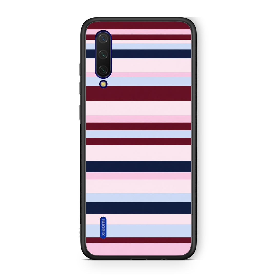 Θήκη Xiaomi Mi 9 Lite Burgundy Pink and Blue Horizontal Stripes από τη Smartfits με σχέδιο στο πίσω μέρος και μαύρο περίβλημα | Xiaomi Mi 9 Lite Burgundy Pink and Blue Horizontal Stripes case with colorful back and black bezels