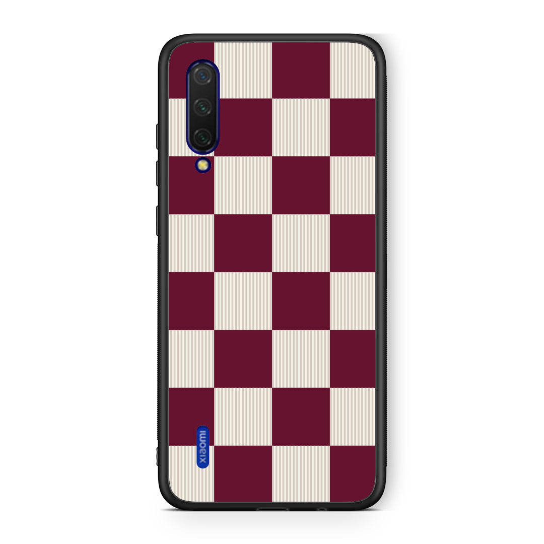 Θήκη Xiaomi Mi 9 Lite Burgundy and Cream Striped Checks από τη Smartfits με σχέδιο στο πίσω μέρος και μαύρο περίβλημα | Xiaomi Mi 9 Lite Burgundy and Cream Striped Checks case with colorful back and black bezels