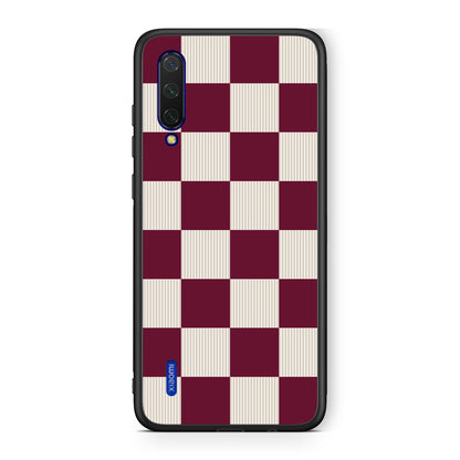 Θήκη Xiaomi Mi 9 Lite Burgundy and Cream Striped Checks από τη Smartfits με σχέδιο στο πίσω μέρος και μαύρο περίβλημα | Xiaomi Mi 9 Lite Burgundy and Cream Striped Checks case with colorful back and black bezels