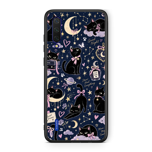 Θήκη Xiaomi Mi 9 Lite Celestial Black Cats on Navy από τη Smartfits με σχέδιο στο πίσω μέρος και μαύρο περίβλημα | Xiaomi Mi 9 Lite Celestial Black Cats on Navy case with colorful back and black bezels
